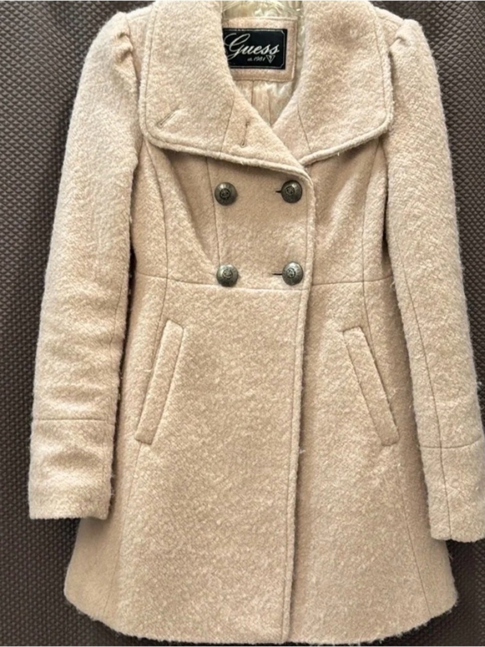 Guess Cream Double-Breasted Pea Coat